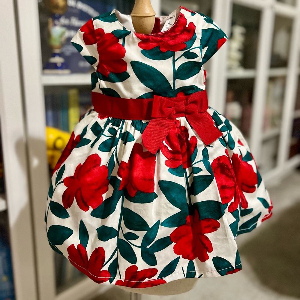Carters Floral Red and Green Dress with Bow